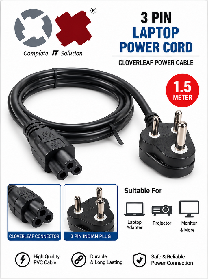 OX 3-Pin Laptop Power Cord – 1.5 Meter | Cloverleaf Power Cable