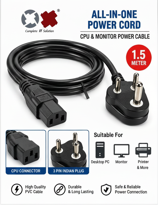 OX 3-Pin Desktop Computer Power Cord – 1.5 Meter | CPU Power Cable
