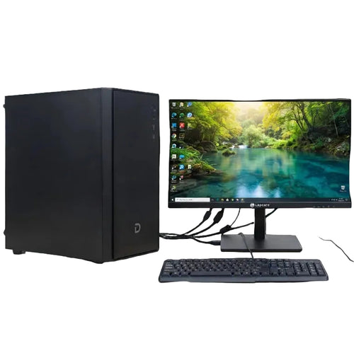 A desktop computer setup on a light wood desk, featuring a black tower PC case, a black monitor displaying a forest river scene, a black keyboard, and a black mouse on a mouse pad. The background shows a softly blurred home office environment.