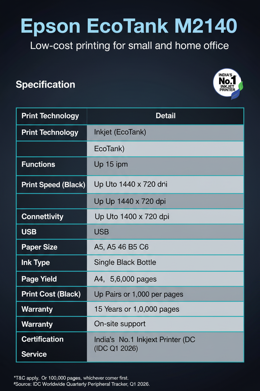 Epson EcoTank Monochrome M2140 All-in-One Duplex InkTank PrinterEpson EcoTank Monochrome M2140 All-in-One Duplex InkTank Printer