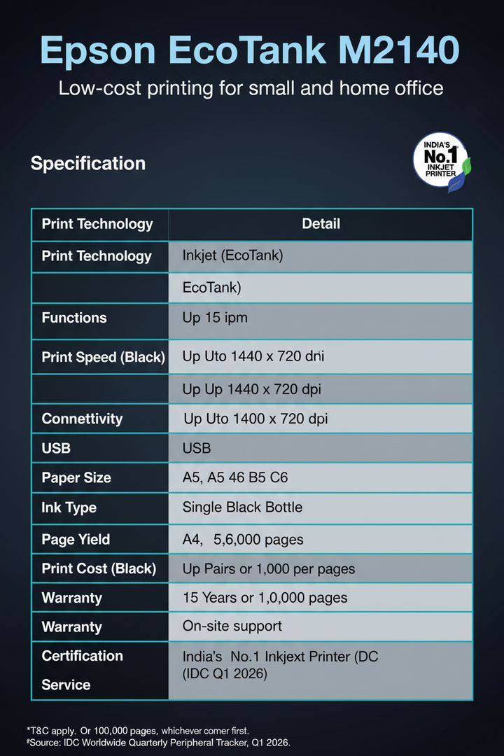 Epson EcoTank Monochrome M2140 All-in-One Duplex InkTank PrinterEpson EcoTank Monochrome M2140 All-in-One Duplex InkTank Printer