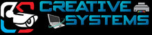 A digital logo design for 'Creative Systems' featuring a stylized red, white, and blue 'CS' monogram, a laptop icon, and a printer icon, with the tagline 'Smart People's Choice' on a dark textured background.